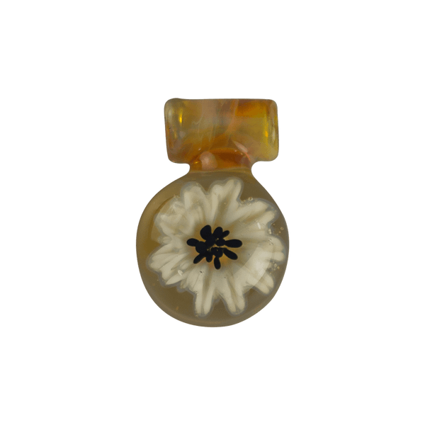 This is the White Sunflower Flower Medallion Pendant by Biting Glass available at Ritual Colorado. A beautiful handmade borosilicate jewelry piece with tons of different color expressions depening on the lighting.