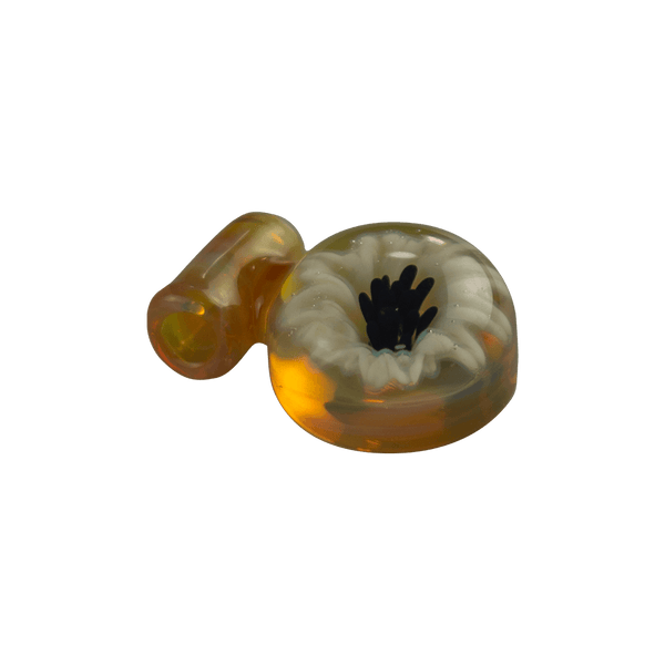 This is the White Sunflower Flower Medallion Pendant by Biting Glass available at Ritual Colorado. A beautiful handmade borosilicate jewelry piece with tons of different color expressions depening on the lighting.