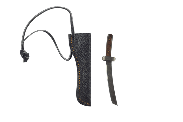 This is the Natural Wood Wide Katana dab tool from Dabmascus available at Ritual Colorado. It features a two-pin handle and the blades are constructed from high-quality Damascus Steel.