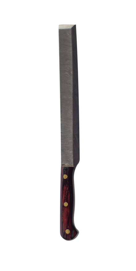 This is the sushi knife dab tool from Dabmascus available at Ritual Colorado. It features a three-pin handle and sushi-knife style blade from high-quality Damascus Steel.