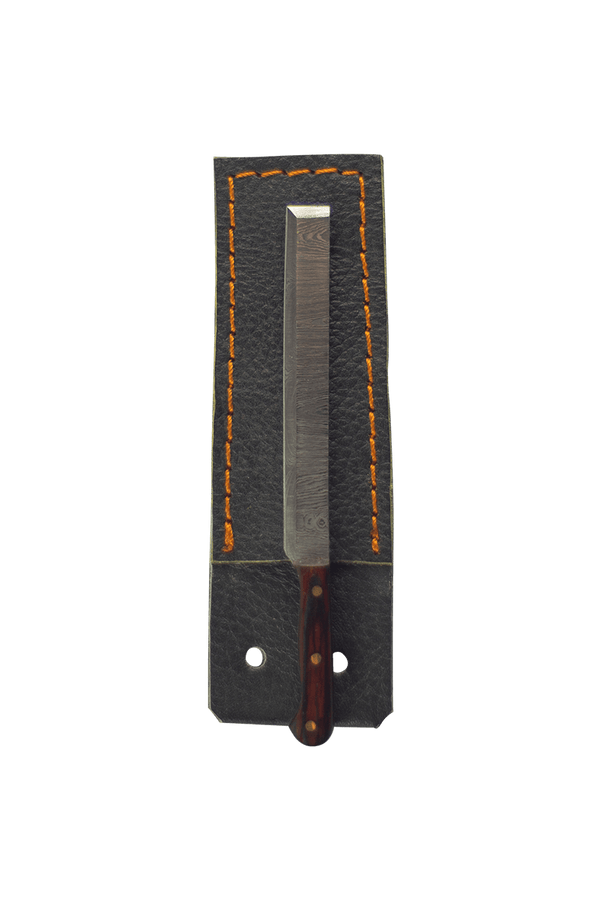 This is the sushi knife dab tool from Dabmascus available at Ritual Colorado. It features a three-pin handle and sushi-knife style blade from high-quality Damascus Steel.
