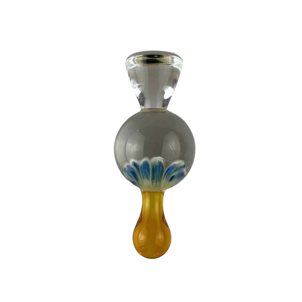 These are Solid Drip Carb Caps by Biting Glass available at Ritual Colorado. Featuring a 21mm marble with an angled handle on top and a glass drop on the bottom giving you control over the airflow in your banger.