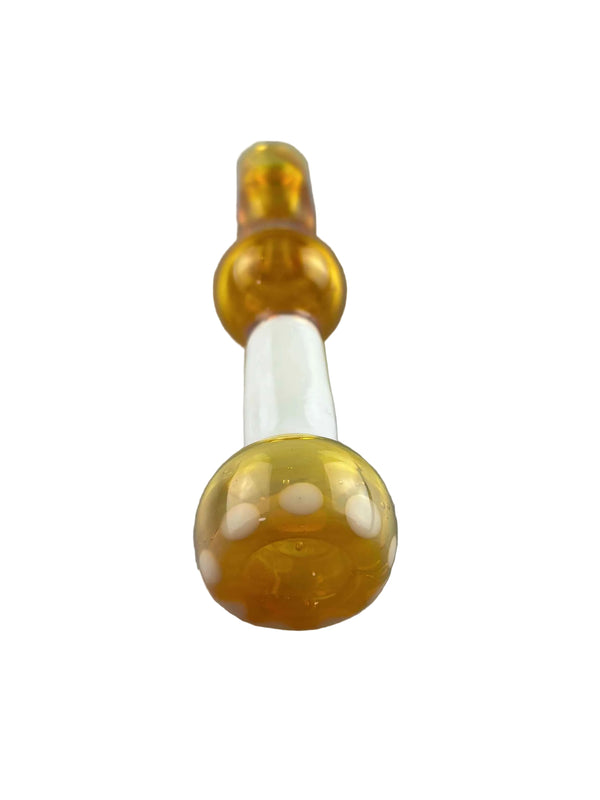 This is the Yellow & White Chillum by Biting Glass available at Ritual Colorado. A sleek handmade glass one hitter featuring vibrant yellow with white accents.