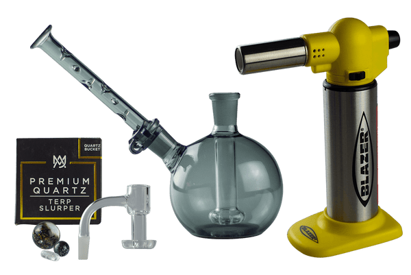 This is the Yellow Full Beginner Banger + Rig + Torch Dab Bundle available at Ritual Colorado. Featuring a MJ Arsenal Terp Slurper, Blazer Big Buddy Torch and Ritual Glass Baby Elephant for an all-in-one setup.