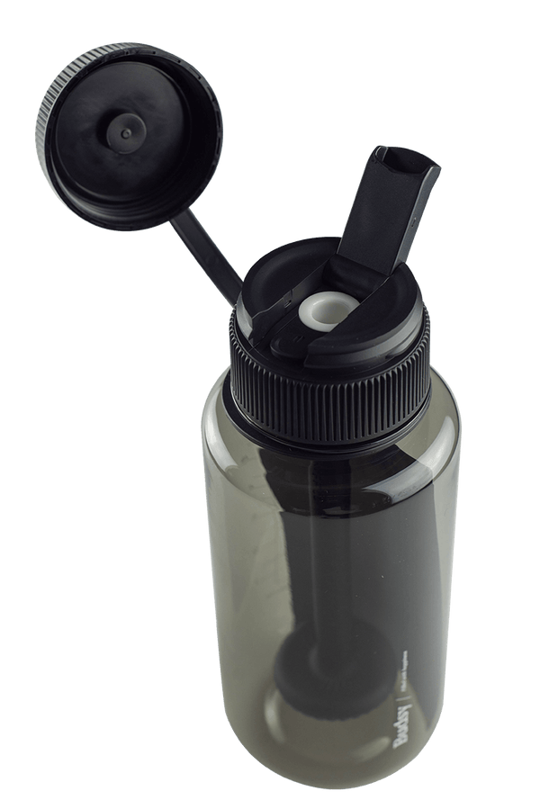 This is the Puffco Budsy Water Bottle Bong available at Ritual Colorado. It features a discreet flip up mouthpiece and downstem disguised as a drinking straw. Take your water filtered hits on the go with this convenient travel option.