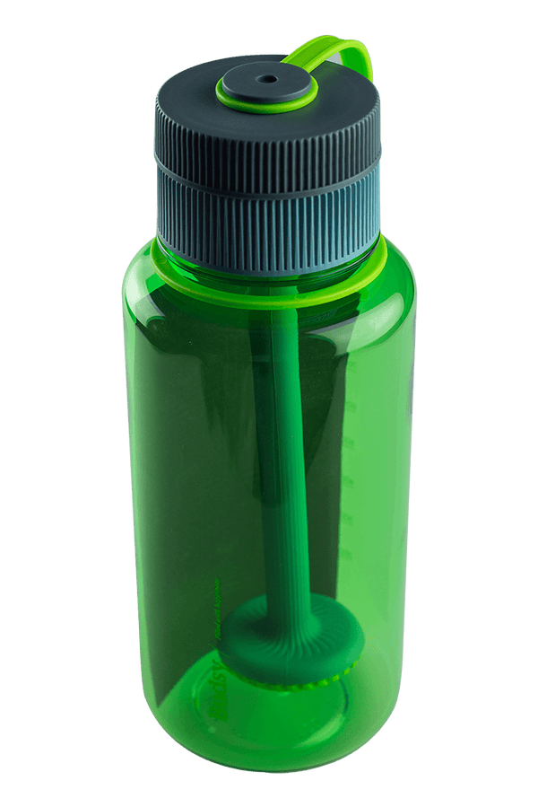 This is the Puffco Budsy Water Bottle Bong available at Ritual Colorado. It features a discreet flip up mouthpiece and downstem disguised as a drinking straw. Take your water filtered hits on the go with this convenient travel option.