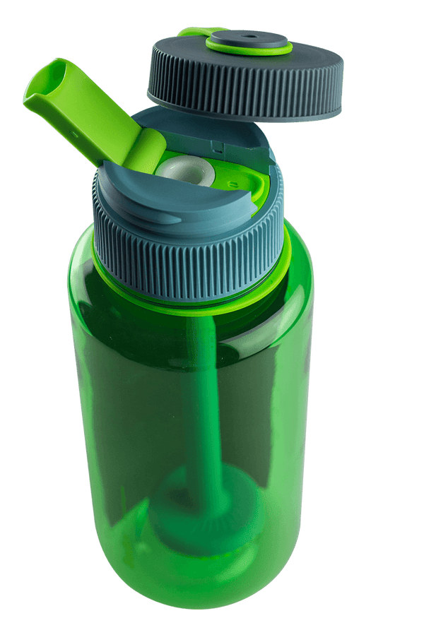 This is the Puffco Budsy Water Bottle Bong available at Ritual Colorado. It features a discreet flip up mouthpiece and downstem disguised as a drinking straw. Take your water filtered hits on the go with this convenient travel option.