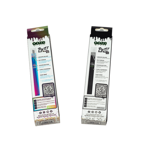 This is the Twist Hot Knife Kit by Ooze, available at Ritual Colorado. Featuring a ceramic tip, you can easily and cleanly drop your concentrate into your banger for easy and clean dabbing. Temperatures can be controlled through the twist knob on the bottom of the knife and it includes a cover so you can easily pack up and go without any mess.