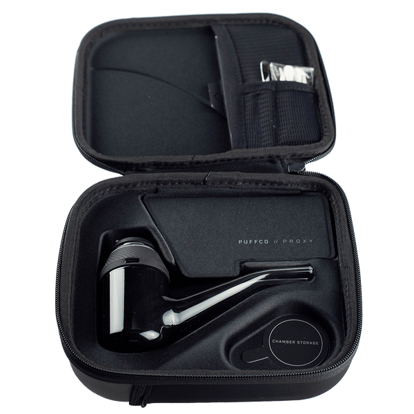 This is the Puffco Proxy smart eRig available at Ritual Colorado. It features a glass, sherlock-style pipe and the Proxy heating unit with a built-in 3D chamber. A convenient option for on the go dabs check out all the Puffco devices at Ritual Colorado.