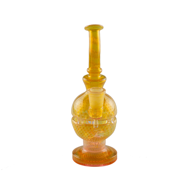 This is the Round The World Glass Rig from Ritual Glass available at Ritual Colorado. It features intricate American colored glass rod in a beautiful fab egg shape. Featuring a 14mm female connection this is a great stylish dab rig.