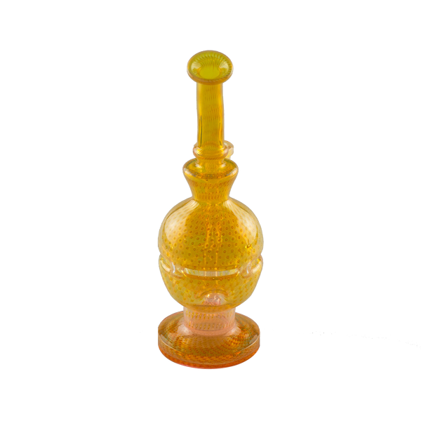This is the Round The World Glass Rig from Ritual Glass available at Ritual Colorado. It features intricate American colored glass rod in a beautiful fab egg shape. Featuring a 14mm female connection this is a great stylish dab rig.