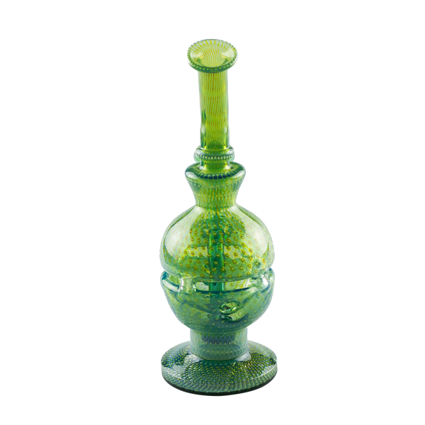 This is the Round The World Glass Rig from Ritual Glass available at Ritual Colorado. It features intricate American colored glass rod in a beautiful fab egg shape. Featuring a 14mm female connection this is a great stylish dab rig.