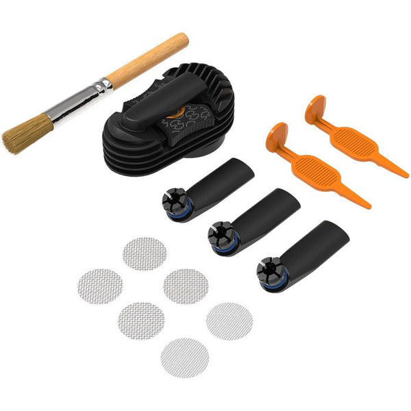 This is the Wear and Tear Set for the Storz & Bickel Crafty+ available at Ritual Colorado. Featuring a cooling unit, three mouthpieces, a small screen set, two chamber filling tools and a cleaning brush.