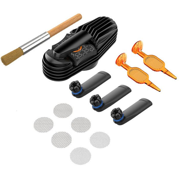 This is the Wear and Tear Set for the Storz & Bickel Mighty+ available at Ritual Colorado. Featuring a cooling unit, three mouthpieces, a small screen set, two chamber filling tools and a cleaning brush.