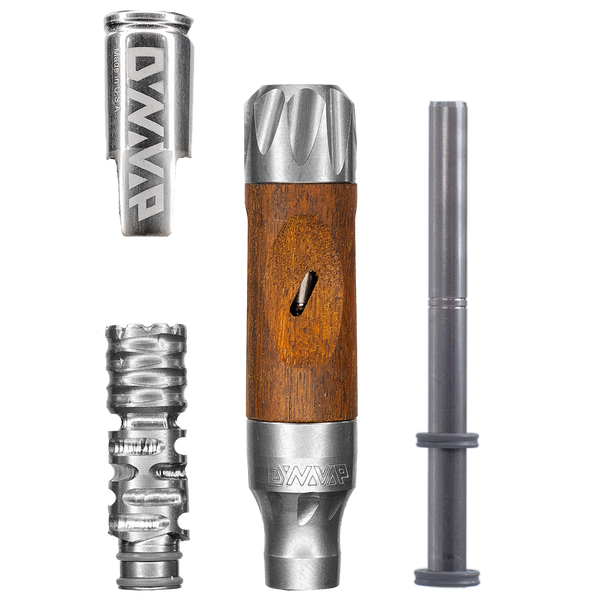 This shows the separate components of the DynaVap VonG including the cap, titanium tip, midsection with rotating wooden sleeve, and internal condensor available at Ritual.
