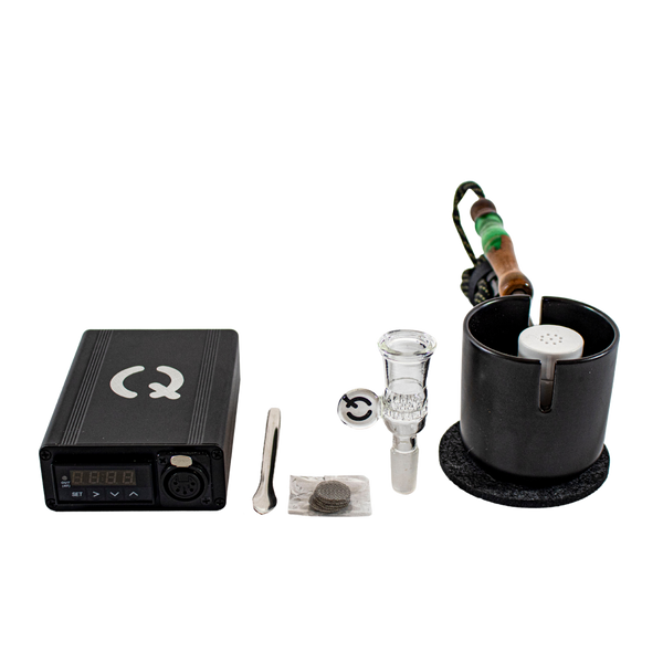 This is the Ceroma GO Kit from QaromaShop available at Ritual. Featuring a digital PID temperature controller, 20mm heater coil, StabWood coil handle, glass bowl, 3mm aroma ruby pearls, 17mm stainless steel screens, stainless steel scoop tool, Ceroma Housing, and a Suet Jade Porcelain Stand. A budget-friendly and powerful ball vaporizer that works for everybody.