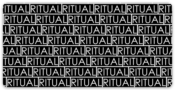 This is a black and white sticker with Ritual's repeating propoganda logo.