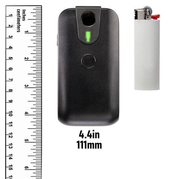 This is the DynaTec Orion v2 induction heater shown for reference next to a ruler and standard lighter. The DynaTec Orion v2 is 4.4 inches tall and available at Ritual.