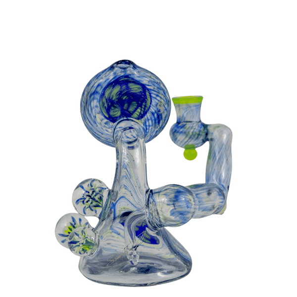 This is Finding Flowers in the Sky - Ferankshanaw (#752) from Steve Kelnhofer available at Ritual Colorado. This beautiful heady rig features impressive blue, green, yellows as well as three signature marbles that add tons of dimension and depth.