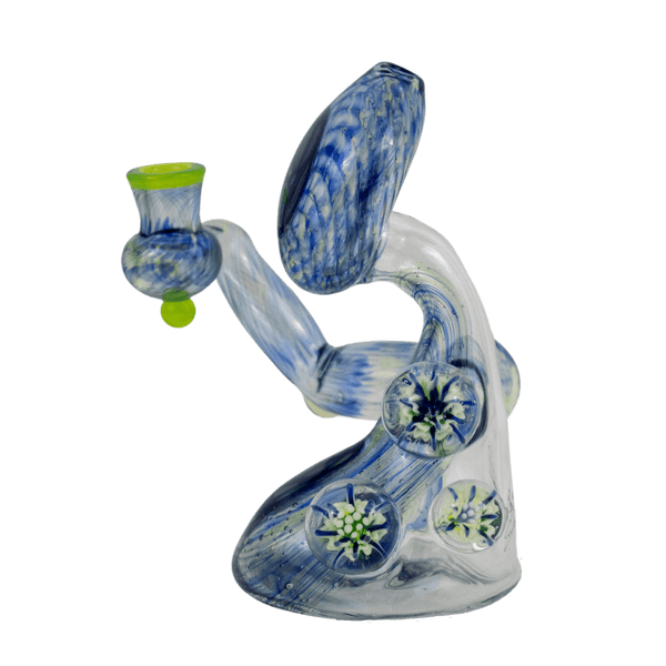 This is Finding Flowers in the Sky - Ferankshanaw (#752) from Steve Kelnhofer available at Ritual Colorado. This beautiful heady rig features impressive blue, green, yellows as well as three signature marbles that add tons of dimension and depth.