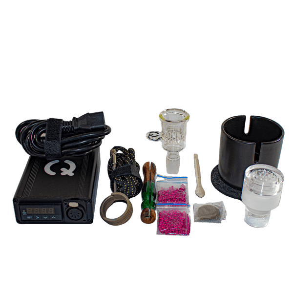 This is the Qaroma XL DIY Kit from QaromaShop available at Ritual. Featuring a digital PID temperature controller, 30mm heater coil, StabWood coil handle, glass XL bowl, 3mm aroma ruby pearls (x4), 25.4mm stainless steel screens, stainless steel scoop tool, Qaroma XL Housing, and a Suet Jade Porcelain Stand. A powerful all-quartz ball vaporizer ready to deliver instant dry herb extraction and delicious flavor.