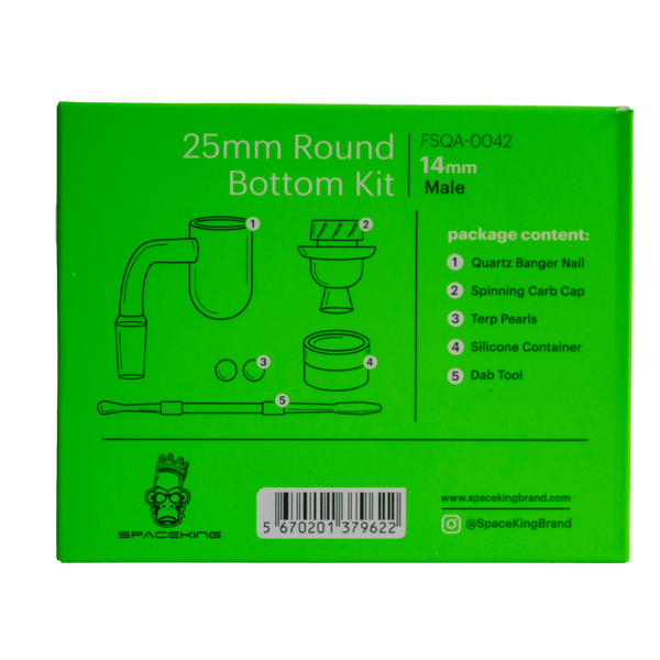 This is the 25mm Round Bottom Banger Kit from Spaceking. Featuring a 25mm round bottom banger, spinner cap, terp pearls, dab tool, and a silicone container.