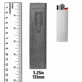 This is the DynaVap SlimStash XL shown for reference next to a ruler and standard lighter. The SlimStash XL is 5.25 inches tall and available at Ritual.