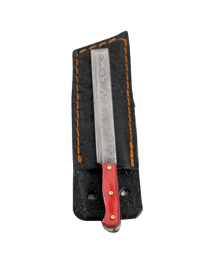 This is the sushi knife dab tool from Dabmascus available at Ritual. It features a three-pin handle and sushi-knife style blade from high-quality Damascus Steel. 