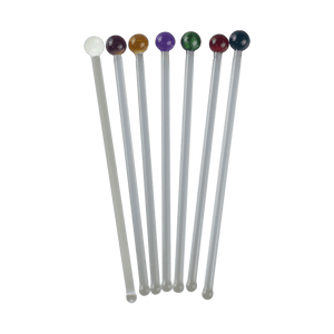 These are handmade Glass Cocktail Swizzle Sticks by Biting Glass available at Ritual Colorado. Featuring vibrant glass marble toppers and rounded bottom to easily stir up your favorite drink.