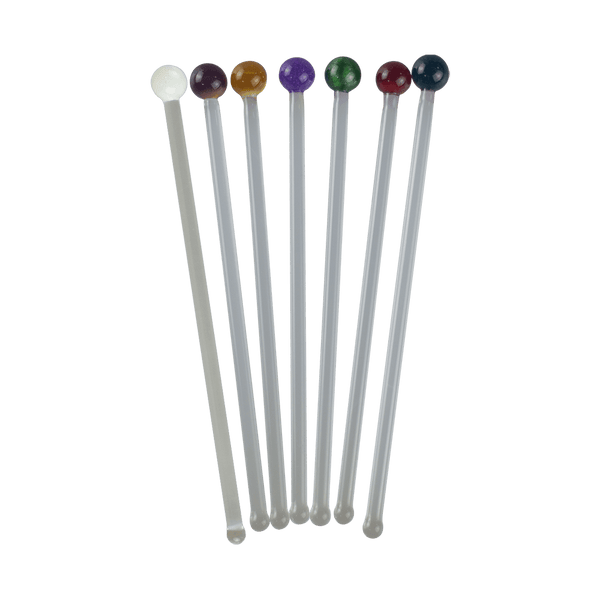 These are handmade Glass Cocktail Swizzle Sticks by Biting Glass available at Ritual Colorado. Featuring vibrant glass marble toppers and rounded bottom to easily stir up your favorite drink.