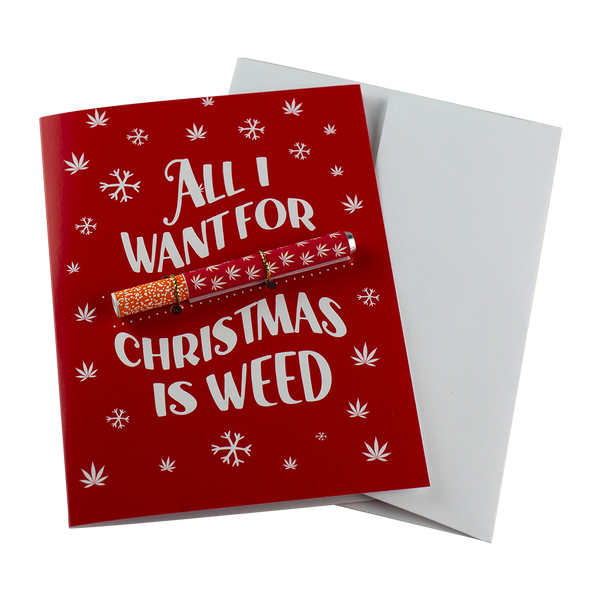 The "All I Want For Christmas Is Weed" Greeting Card by KushKards with matching metal One Hitter available at Ritual Colorado. A fun weed-themed Christmas card for the stoner in your life. 