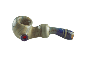 This is the beach amber purple ladle pipe by Technicolor Tonys available at Ritual Colorado. The beautiful hand pipe features swirling amber purple glass and a carb on the left side of the bowl. 