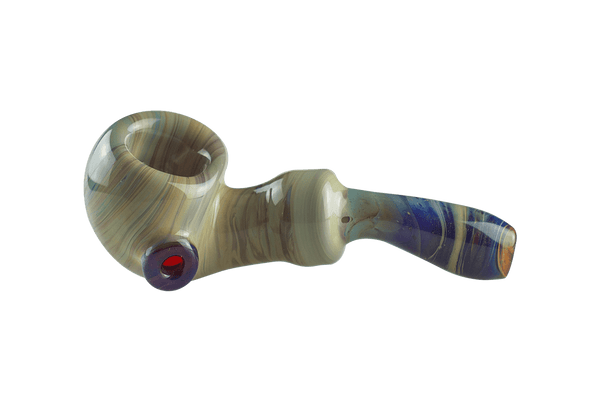 This is the beach amber purple ladle pipe by Technicolor Tonys available at Ritual Colorado. The beautiful hand pipe features swirling amber purple glass and a carb on the left side of the bowl. 