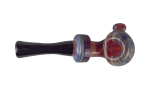 This is the night sky amber purple ladle pipe by Technicolor Tonys available at Ritual Colorado. The beautiful hand pipe features swirling amber purple glass and a carb on the left side of the bowl. 