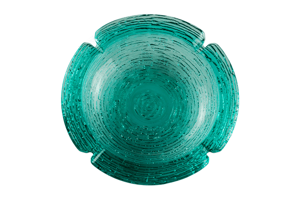 This is an Anchor Hocking Soreno Glass Ashtray in aqua from Heady Vintage available at Ritual Colorado. It features a deep well in the center with four indents around the edge for easy storage of your dry herb vaporization and dabbing tools. 