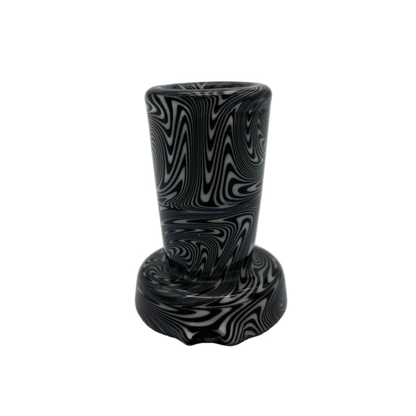 This is the Black & White Swirl Puffco Peak Glass Top by Technicolor Tony available at Ritual Colorado. Featuring a wide mouthpiece and tons of intricate patterns this is a fun and functional upgrade for your eRig.