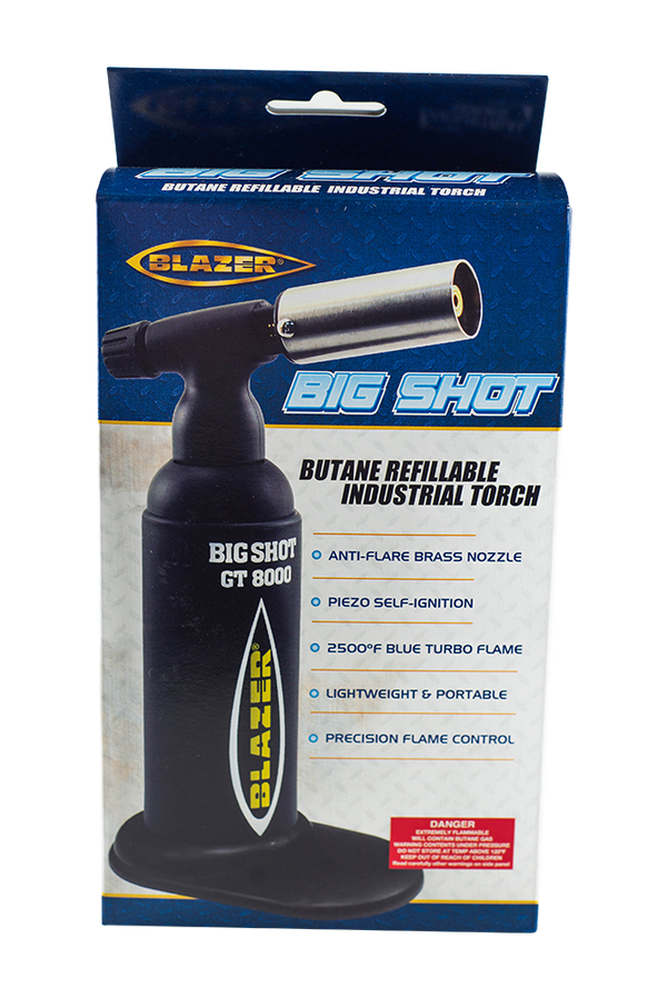 This is the Big Shot GT 8000 butane torch from BLAZER available at Ritual Colorado. It features a powerful butane flame with a refillable tank. With an anti-flare brass nozzle and precise flame control this is a top-quality dab torch offering long-term durability.