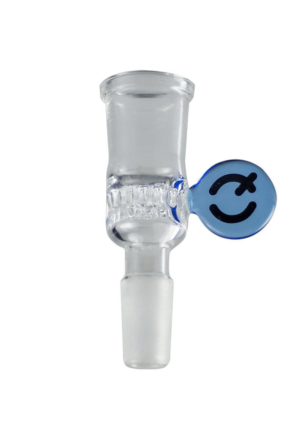 This is the Adapter Short Glass Bowl from QaromaShop available at Ritual Colorado. Featuring a colorful blue handle this is a great bowl for all of your ball vape injector housings.