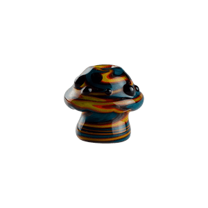 This is the swirling mushroom glass pendant from technicolor tonys available at Ritual Colorado. The intricate blue and yellow colors are accented by subtle reds on this fashionable pendant.