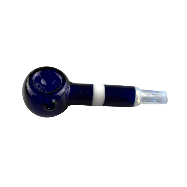 This is the Blue Colorful Stripe Spoon by Biting Glass available at Ritual Colorado. A vibrant handmade glass pipe made in Denver, CO featuring ghost glass accents.