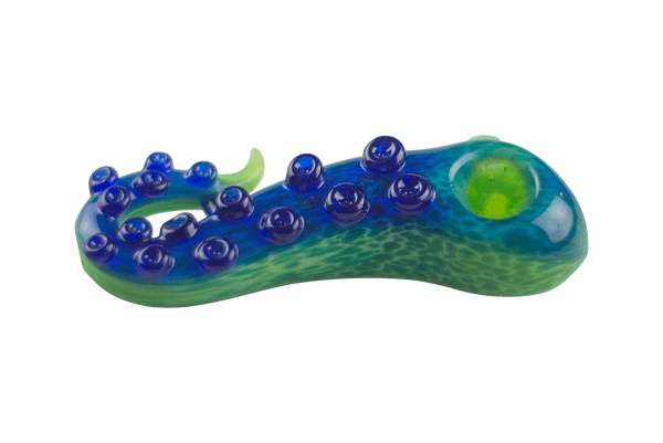 This is the Blue Tentacle Spoon Pipe from Burtoni Glass available at Ritual Colorado. These beautiful ocean-inspired pipes feature stunning color and a fun tentacle design in a great hand blown piece of glass. 