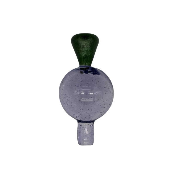 This is the Purple Heady Hollow Bubble Cap by Biting Glass available at Ritual Colorado. Featuring a solid handle accented by a hollow bubble for precise airflow in your banger.