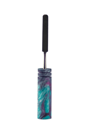 This is the Candy Cosmos dab tool from Hash Handlez available at Ritual Colorado. These beautiful handmade dab tools feature vibrant resin handles and a portective case for easy transportation.