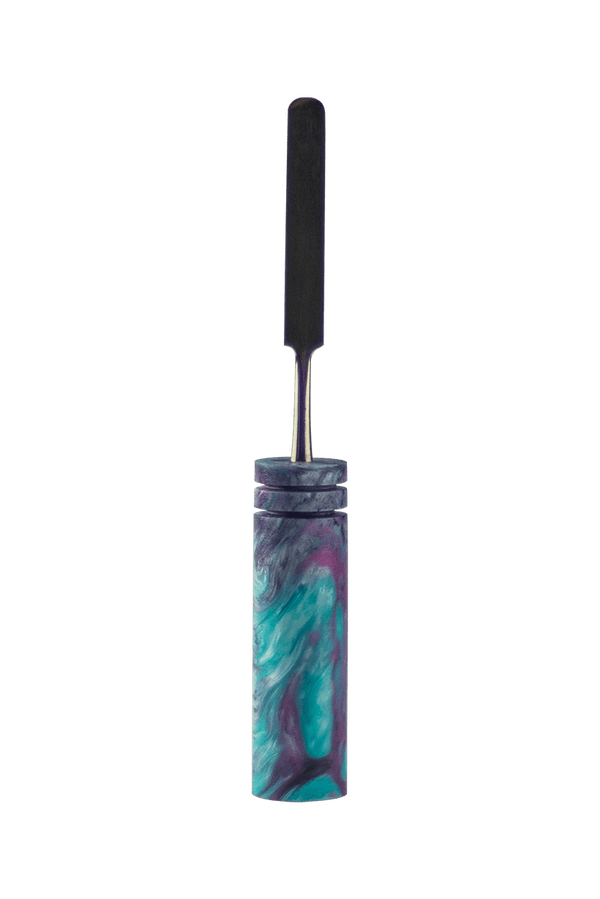 This is the Candy Cosmos dab tool from Hash Handlez available at Ritual Colorado. These beautiful handmade dab tools feature vibrant resin handles and a portective case for easy transportation.