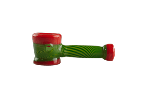 This is the Carrot Swirl Hammer Pipe by Technicolor Tony available at Ritual Colorado. A heady hand pipe featuring green & orange sections of line tubing made here in Denver, Colorado.