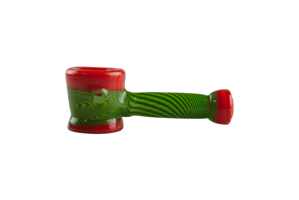 This is the Carrot Swirl Hammer Pipe by Technicolor Tony available at Ritual Colorado. A heady hand pipe featuring green & orange sections of line tubing made here in Denver, Colorado.