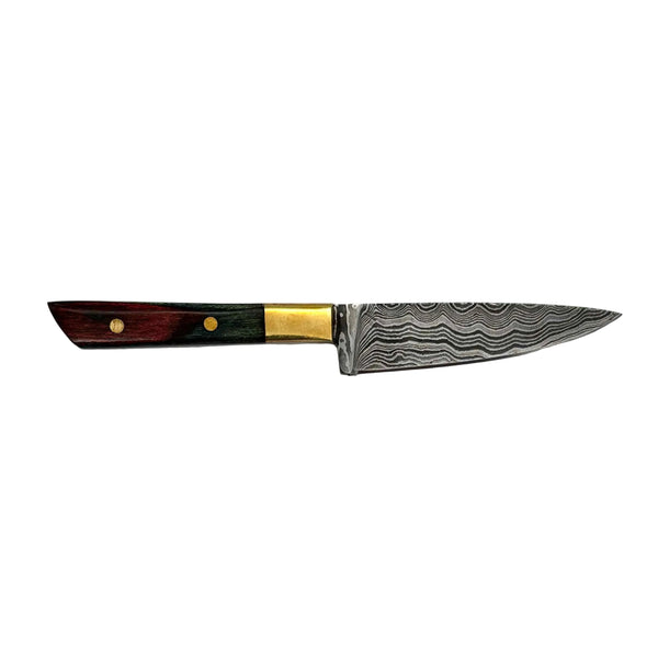 This is the Green Wood Chef's Knife Dab Tool from Dabmascus available at Ritual Colorado. It features a two-pin handle and high-quality Damascus Steel blade for a truly unique and special dab tool made here in the U.S.