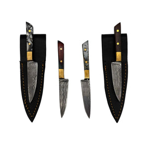 These are Chef's Knife Dab Tools from Dabmascus available at Ritual Colorado. Featuring two-pin handles and high-quality Damascus Steel blade for a truly unique and special dab tool made here in the U.S.