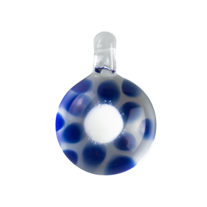 This is a Glass Dotted Pendant from Technicolor Tony available at Ritual Colorado. Cobalt dots behind a white center creates a fun optical illusion, featuring a clear loop at the top so it can easily be worn as a necklace.
