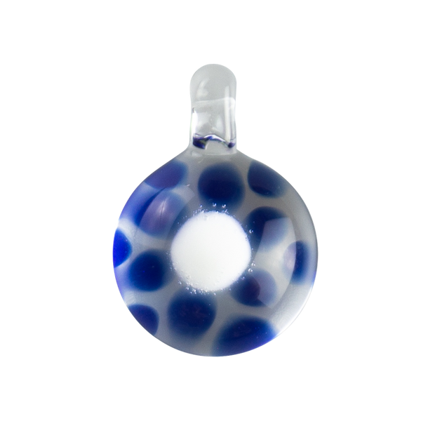 This is a Glass Dotted Pendant from Technicolor Tony available at Ritual Colorado. Cobalt dots behind a white center creates a fun optical illusion, featuring a clear loop at the top so it can easily be worn as a necklace.